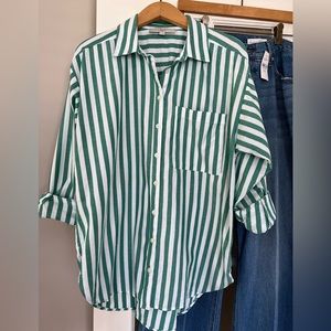 LOFT Green and White Striped Button Down Shirt